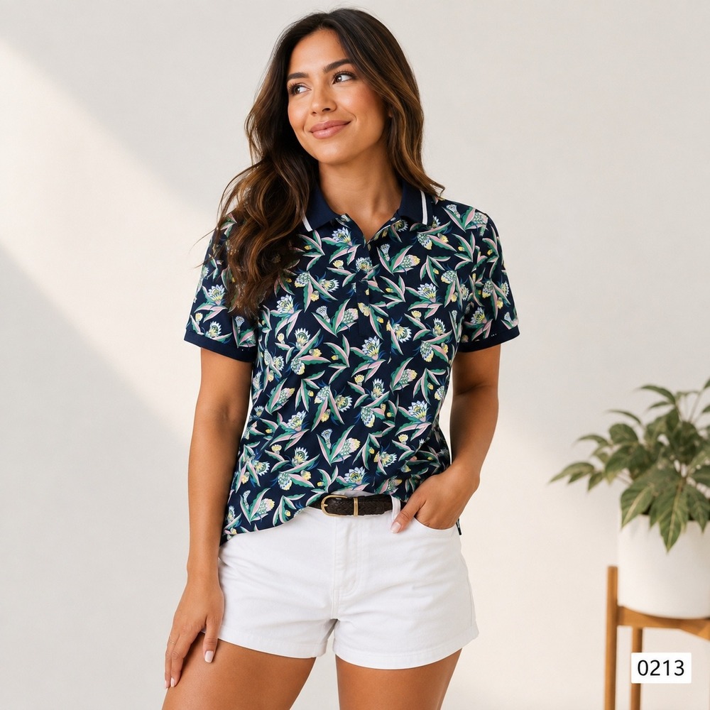 RLX Ralph Lauren Women Navy Tropical Golf Polo Wicking Tailored Fit S 0213